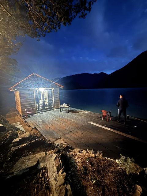 Evening fishing at the lakeside cabin